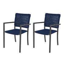 Kit 2 Cadeiras Marília Corda Náutica Base em Alumínio Preto/azul Marinho