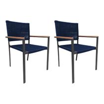 Kit 2 Cadeiras Piracicaba Corda Náutica Braço com Detalhe em Madeira Base Alumínio Preto/azul Marinh