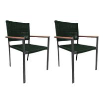 Kit 2 Cadeiras Piracicaba Corda Náutica Braço com Detalhe em Madeira Base Alumínio Preto/verde Musgo