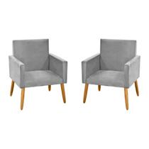 Kit 2 Cadeiras Poltronas Decorativa Para Sala De Estar Recpção Nina Pés Madeira pálito Suede Cinza