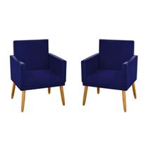 kit 2 Cadeiras Poltronas Para Sala de Estar Quarto Recepção Decorativa Confortavel Nina Pés Madeira Pálito C/Rodapé Azul Marinho
