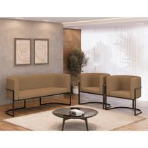 Kit 2 Cadeiras Poltronas + Sofá 2 Lugares Base de Metal Preto Veludo