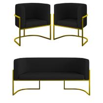 Kit 2 Cadeiras Poltronas + Sofá 2 Lugares Base Gold material sintético