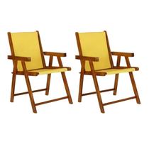 Kit 2 Cadeiras Praia Dobrável em Madeira Maciça Envernizada com Tecido Amarelo