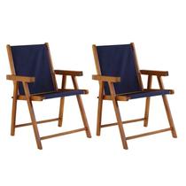 Kit 2 Cadeiras Praia Dobrável em Madeira Maciça Envernizada com Tecido Azul Marinho - Móveis Brasil