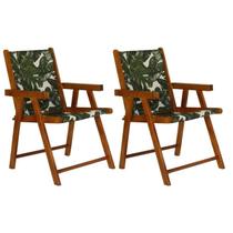 Kit 2 Cadeiras Praia Dobrável em Madeira Maciça Envernizada com Tecido Folhagem Verde