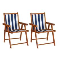 Kit 2 Cadeiras Praia Dobrável em Madeira Maciça Envernizada com Tecido Listrado Azul/Branco