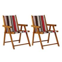 Kit 2 Cadeiras Praia Dobrável em Madeira Maciça Envernizada com Tecido Listrado Marrom/Vermelho