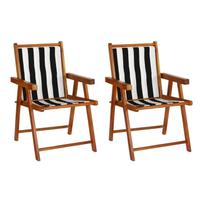 Kit 2 Cadeiras Praia Dobrável em Madeira Maciça Envernizada com Tecido Listrado Preto/Branco - Móveis Brasil