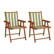Kit 2 Cadeiras Praia Dobrável em Madeira Maciça Envernizada com Tecido Listrado Verde/Branco - Móveis Brasil