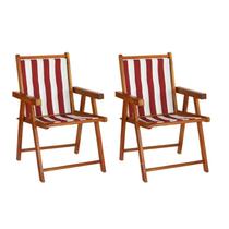Kit 2 Cadeiras Praia Dobrável em Madeira Maciça Envernizada com Tecido Listrado Vermelho/Branco