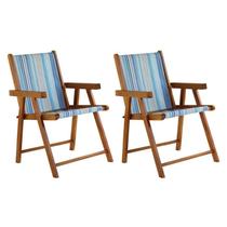 Kit 2 Cadeiras Praia Dobrável em Madeira Maciça Envernizada com Tecido Listras Azuis - Móveis Brasil