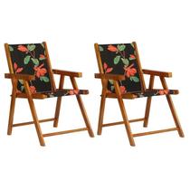 Kit 2 Cadeiras Praia Dobrável em Madeira Maciça Envernizada com Tecido Preto Flores