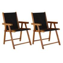 Kit 2 Cadeiras Praia Dobrável em Madeira Maciça Envernizada com Tecido Preto - Móveis Brasil