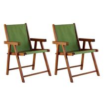 Kit 2 Cadeiras Praia Dobrável em Madeira Maciça Envernizada com Tecido Verde
