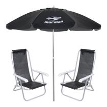 Kit 2 Cadeiras Reclinável Alumínio + Guarda Sol Bagum 2,4m Preto Mormaii - Belfix