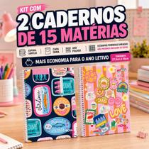 Kit 2 Cadernos Escolar Feminino 15 Matérias Grande Capa Dura