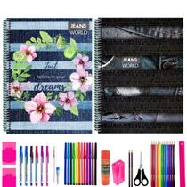 Kit 2 Cadernos Jeans 200 Folhas Arame Capa Dura Com 40 Itens