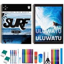 Kit 2 Cadernos Surf 200 Folhas Arame Capa Dura Com 38 Itens