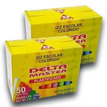 Kit 2 Caixa Giz Colorido Escolar Plastificado Antalérgico Delta Master Com 50 unidades Cada