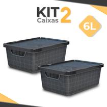 Kit 2 Caixa Organizadora 6 Litros Jutta Preta C/ Tampa Cesto Organizador Telado - Arqplast