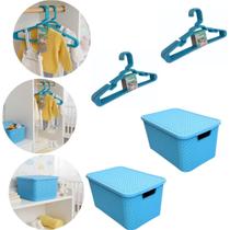 Kit 2 Caixa Organizadora 7L Ratan + 10 Cabides Infantil Azul