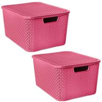 Kit 2 Caixa Rattan Organizadora Multiuso Com Tampa 7Lts Rosa