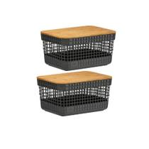 Kit 2 Caixas Cestos Organizador Tampa Bambu 2,5 L Cinza OU Cor:Preto
