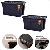 Kit 2 Caixas Contêiner Organizador Multiuso 53 Litros Preto C/ Tampa e Rodas