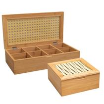 Kit 2 Caixas Decorativa Porta Chá Bambu Com Palha Organizadora 4 e 8 Divisórias Oikos