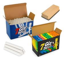 Kit 2 Caixas Giz De Lousa 50u Branco E Colorido + Apagador