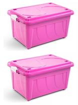 Kit 2 Caixas Organizadora Multiuso 60 Litros Com Tampa, Sem Rodinhas E Travas Cor Rosa