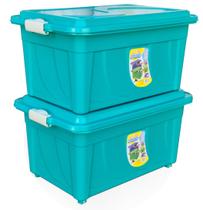 Kit 2 Caixas Organizadora Multiuso 60l VERDE Com Tampa, Rodinhas E Travas Cor: Tiffany