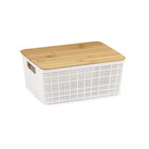 Kit 2 Caixas Organizadoras 12 Litros Branca C/ Tampa Bambu Oikos