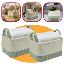 Kit 2 Caixas Organizadoras 30x20x20cm Cesto Luxo Para Casa Bege E Verde De Veludo Multifuncional