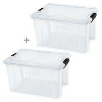 Kit 2 caixas organizadoras c/ trava 20l transparente plastica utensilio