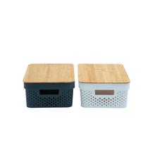 Kit 2 caixas organizadoras multiuso empilhável com tampa de bambu poá 10L branco e cinza - Oikos