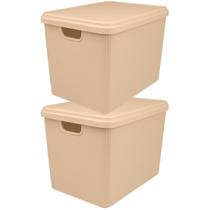 Kit 2 Caixas Organizadoras Plástica Multiuso C/ Tampa 22L Empilhável Versátil P/ Quarto Armário Cozinha Escritório Cesto
