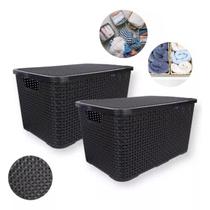 Kit 2 Caixas Organizadoras Rattan 15 Litros c/ Tampa Preta - Armário, Brinquedos, Cesto Organizador - Solução Prática para Organização Doméstica