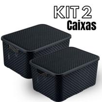 Kit 2 Caixas Organizadoras Rattan 20 Litros Com Tampa Preta Armário e Brinquedos Cesto Organizador
