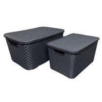 Kit 2 caixas organizadoras resistente com tampa 7L e 15L Rattan Preto