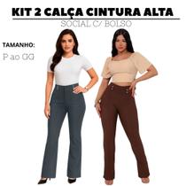 Kit 2 Calça Boca de Sino Feminina Cintura Alta Flare com 4 botões Confortável e com Elastano