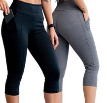 Kit 2 Calça Capri Corsário Suplex Feminina com Bolso Academia Cós Alto Kit 2 Calça Capri Corsário Suplex Feminina com Bolso Academia Cós Alto