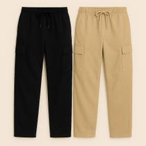 Kit 2 Calça Cargo Larga Sarja Unissex com 5 Bolsos Corte Reto Diversas Cores Streetwear