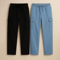 Kit 2 Calça Cargo Larga Sarja Unissex com 5 Bolsos Corte Reto Diversas Cores Streetwear