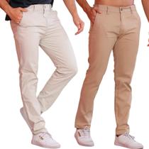 Kit 2 Calça de Sarja Bege e Caqui Corte Alfaiataria Masculina Slim Fit com Lycra Bolso Embutido Social Casual