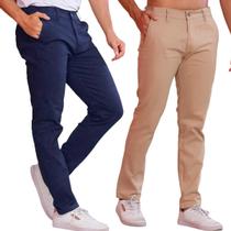 Kit 2 Calça de Sarja Caqui e Azul-Marinho Corte Alfaiataria Masculina Slim Fit com Lycra Bolso Embutido Social Casual