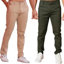 Kit 2 Calça de Sarja Caqui e Verde-Militar Corte Alfaiataria Masculina Slim Fit com Lycra Bolso Embutido Social Casual