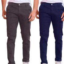 Kit 2 Calça de Sarja Chumbo e Azul-Marinho Corte Alfaiataria Masculina Slim Fit com Lycra Bolso Embutido Social Casual