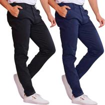Kit 2 Calça de Sarja Preta e Azul-Marinho Corte Alfaiataria Masculina Slim Fit com Lycra Bolso Embutido Social Casual